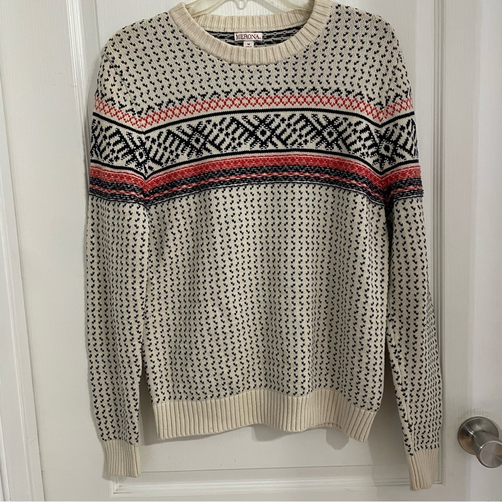 Merona Fair Isle Crewneck Sweater Cotton Unisex Cream Navy Cream Coral’ish Med